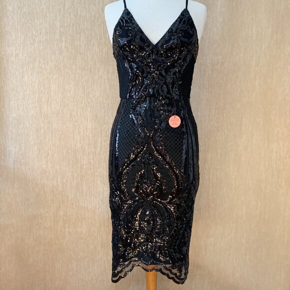 Chi Chi London Margot Black Sequin Bodycon Midi Dress UK Size 10 - Picture 1 of 10